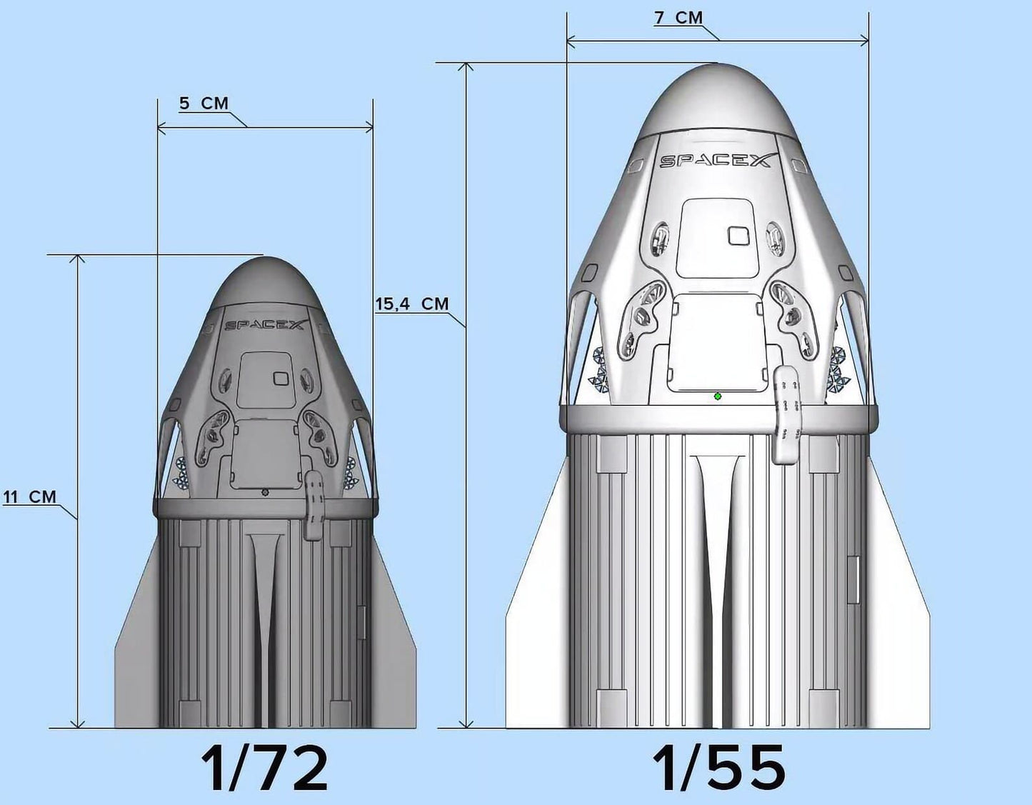 Crew Dragon 1:72 and 1:55 height and diameter in centimeters